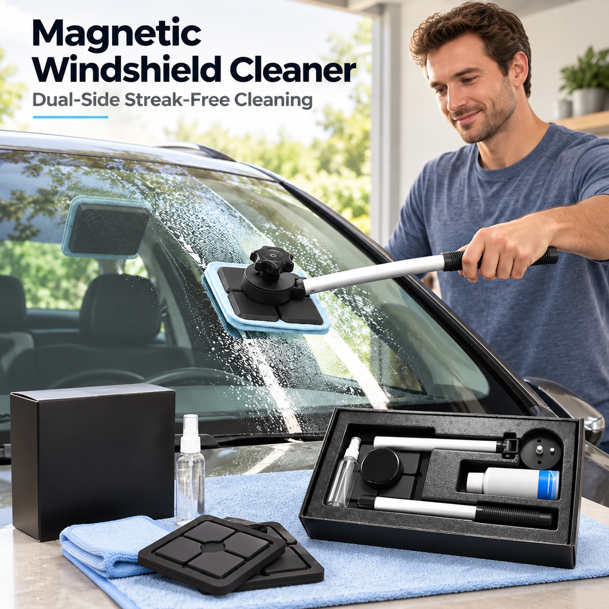 Dual Magnetic Car Windshield Cleaner | Streak-Free Auto Glass Cleaning Kit