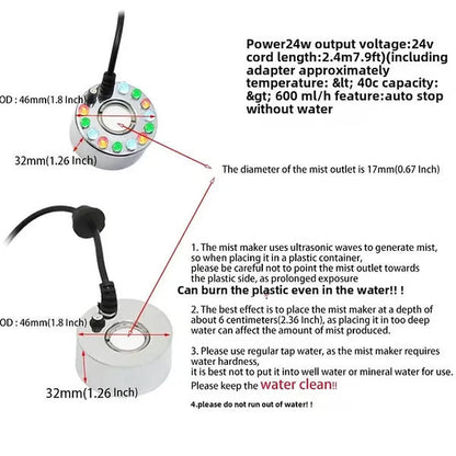 🥳2026 HOT SALE🥳💞50K+ SOLD! 🎃✨ 50% OFF! 12-LED Ultrasonic Mist Maker Fogger – Creates cool mist & colourful lights for Halloween décor, humidifiers & fountains. Quiet operation – just plug & play! 👻💧