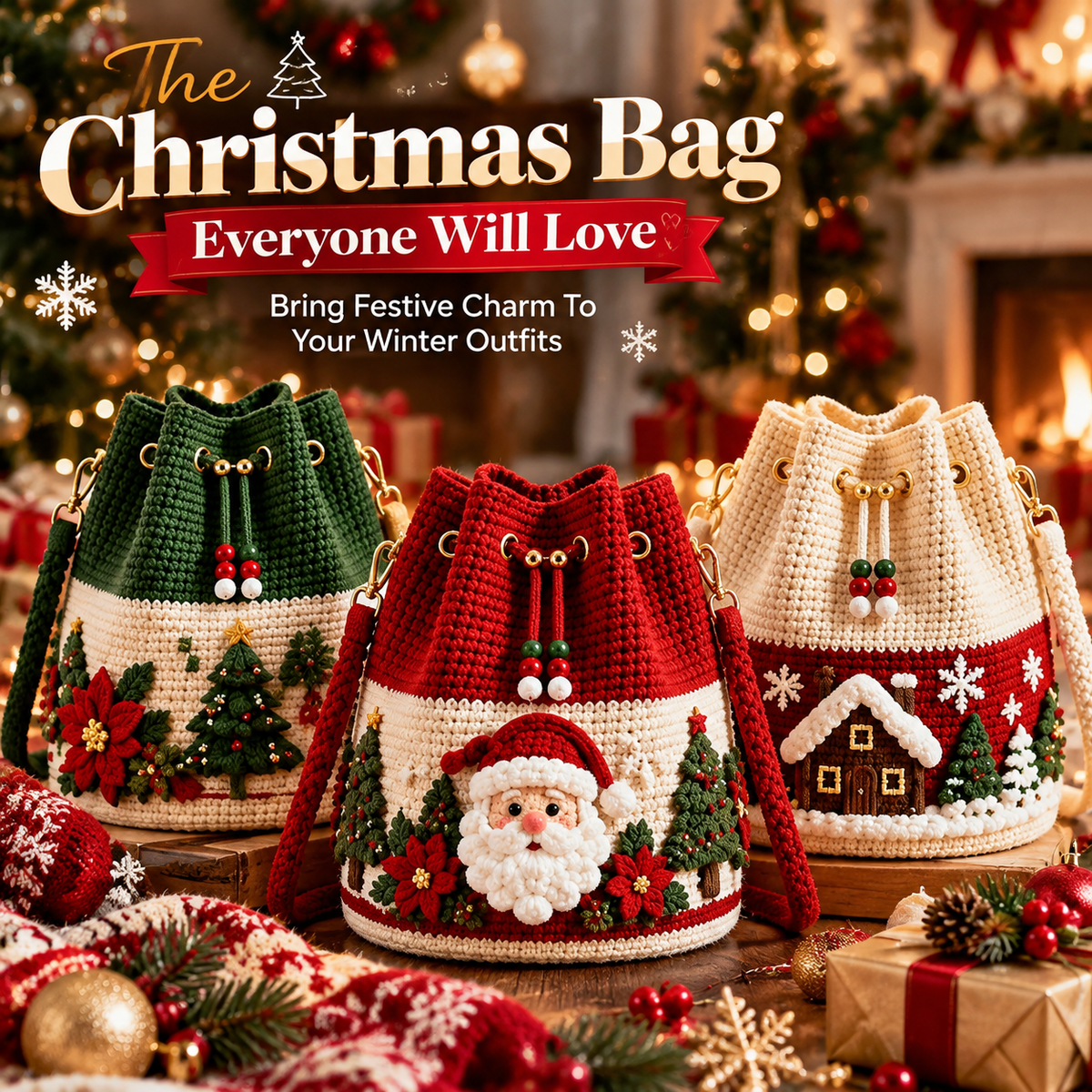 🎄 Christmas Crochet-Style Bucket Bag — Festive Charm for Every Outfit & a Thoughtful Gift for Her ！！！🎁
