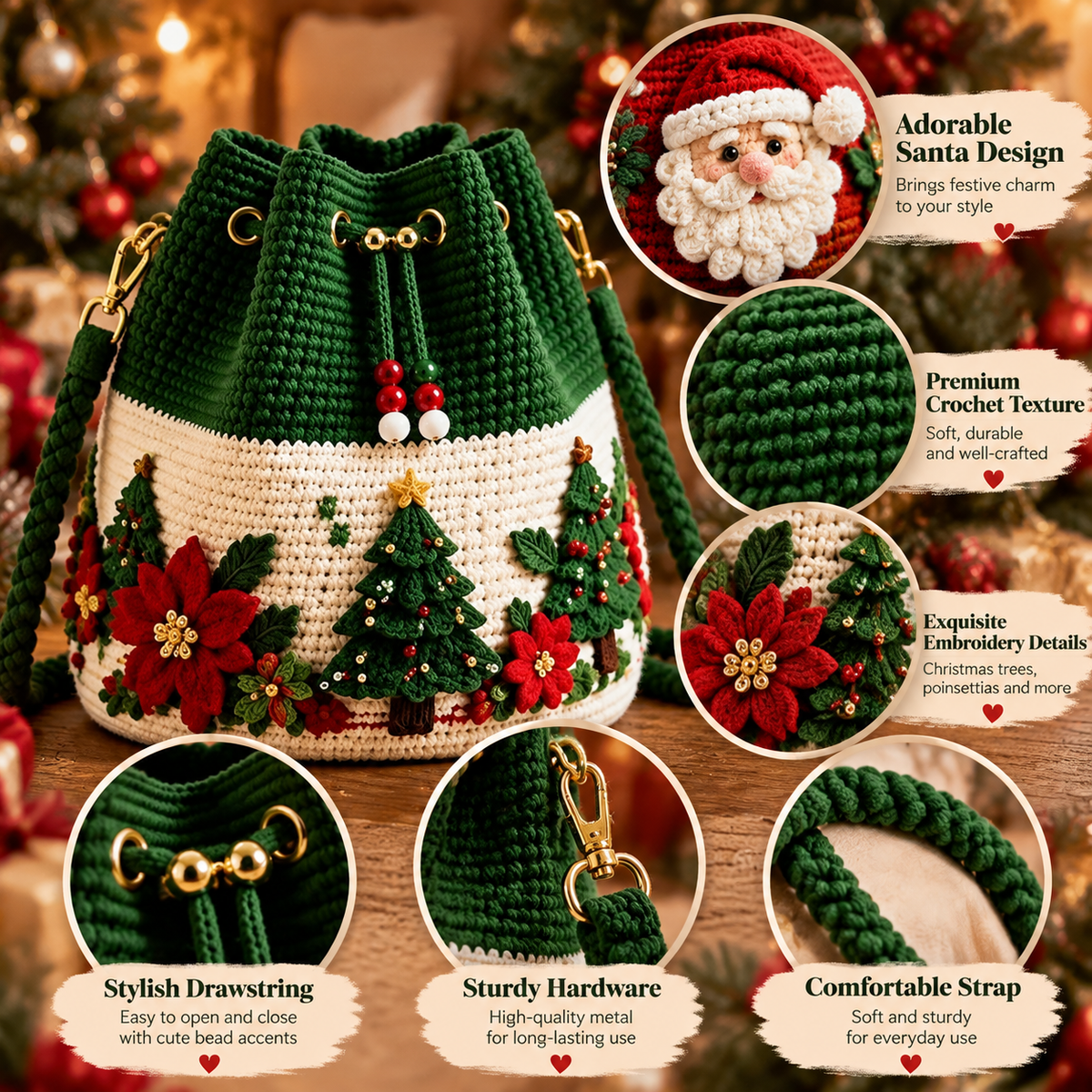 🎄 Christmas Crochet-Style Bucket Bag — Festive Charm for Every Outfit & a Thoughtful Gift for Her ！！！🎁
