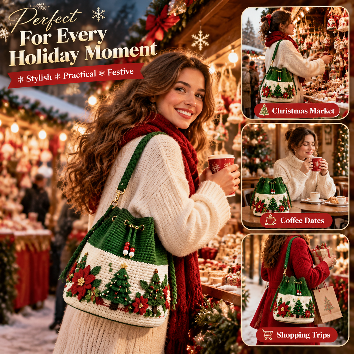 🎄 Christmas Crochet-Style Bucket Bag — Festive Charm for Every Outfit & a Thoughtful Gift for Her ！！！🎁